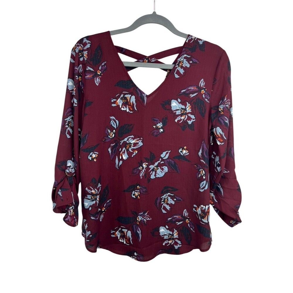 Maurices Burgandy Floral Roll Tab Sleeve Criss Cross Back Chiffon Blouse Small